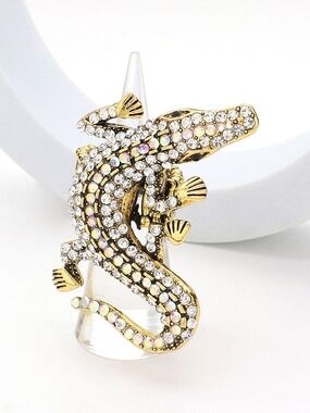 Abalone Crystal Alligator Stretch Fashion Ring Rhinestone Finger Adjustable Gold